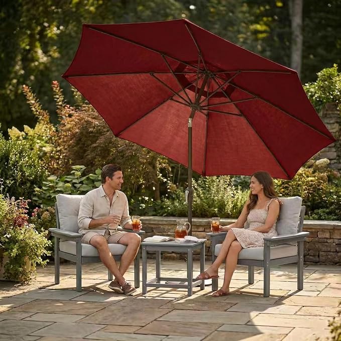 Kingdura 9FT Outdoor Patio Umbrella, Round Market Table Umbrella with Push‑Button Tilt and Crank Lift, 8 Sturdy Metal Ribs, UV50+ Protection Canopy for Backyard, Lawn, Deck, Poolside, Garden (Dark red)