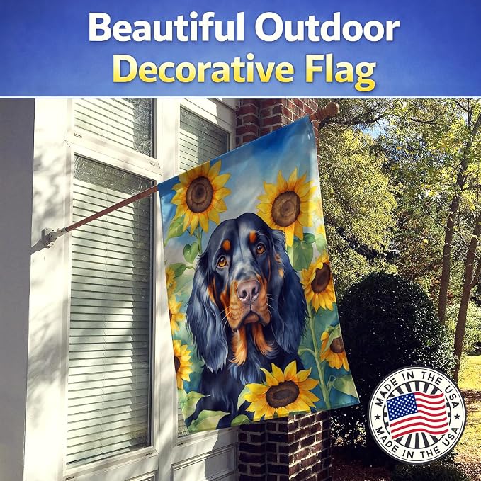 Caroline's Treasures DAC6090CHF Gordon Setter in Sunflowers House Flag Large Porch Sleeve Pole Decorative Outside Yard Banner Artwork Wall Hanging, Polyester, House Size, Multicolor