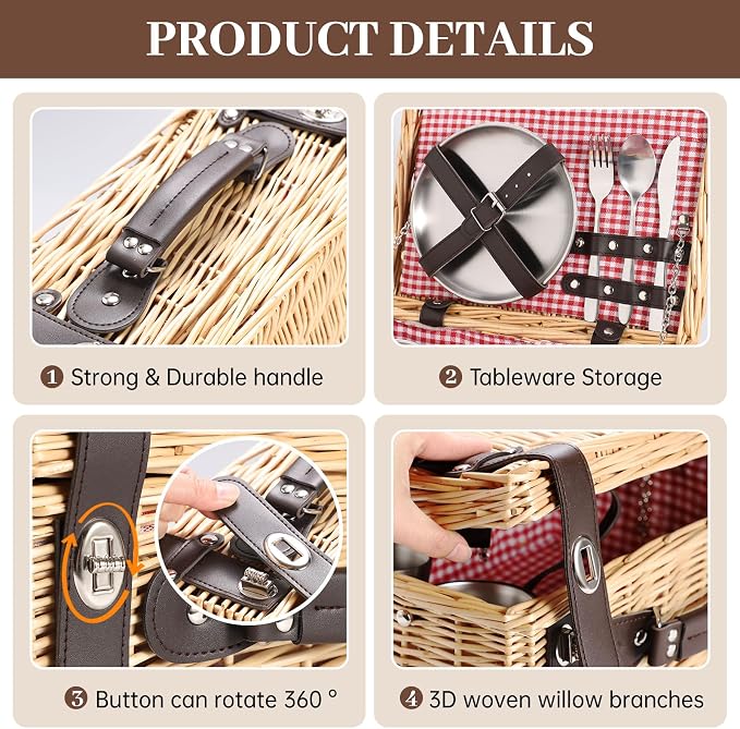 Picnic Basket Set for 2, Wicker Picnic Baskets with Waterproof Blanket and Cutlery Service Kit, Willow Hamper for Camping, Outdoors, Valentine's Day, Christmas, Birthday, Wedding Gift
