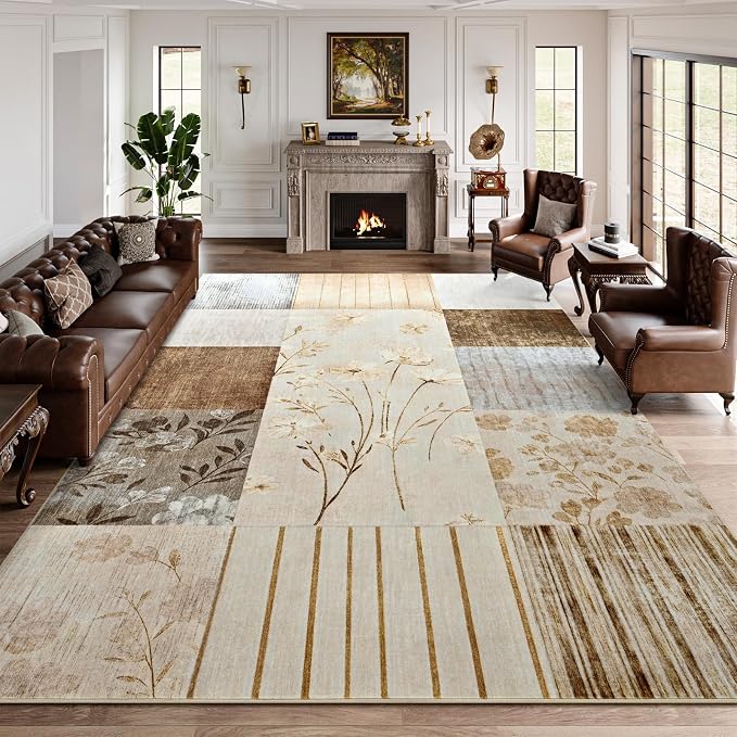 DweIke Floral Rugs for Living Room, 8x10 Washable Area Rug for Dining Room Farmhouse Office Bedroom Decor, Geometric Patchwork Stain Resistant Low Pile Indoor Floor Throw Rugs, Beige