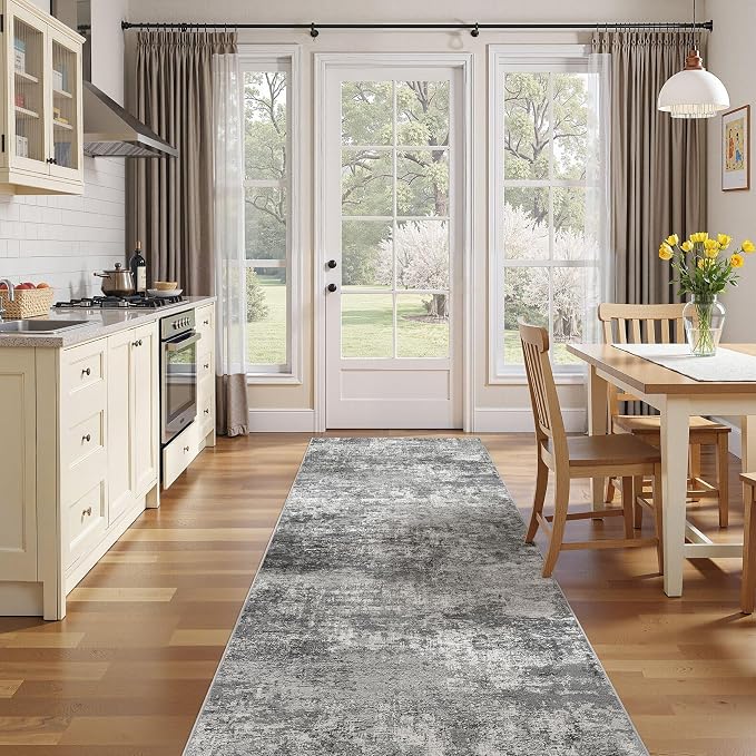 DMOYEST 3x10 Washable Runner Rug for Hallway Abstract Soft Carpet Runner | Neutral Modern Low Pile Area Rug Kid & Pet Friendly Non-Slip Carpet for Entryway Kitchen Dining Room - Grey