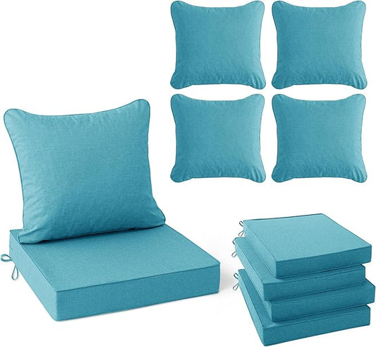 Summsun Faux Linen Outdoor Chair Cushions, Water Resistant Backrest and Deep Seat Cushion Set with Removable Cover, Straps, Non-Slip Bottom for Patio Furniture, 24 x 24 Inch, Teal, Set of 4
