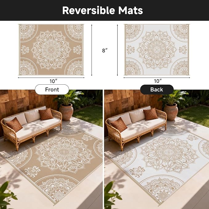 Pauwer Waterproof Outdoor Rug 8x10, Reversible Plastic Straw Patio Camping Rug, Indoor Outdoor RV Mat Carpet for Deck, Camper, Porch, Balcony, Backyard, Picnic, Floral Brown