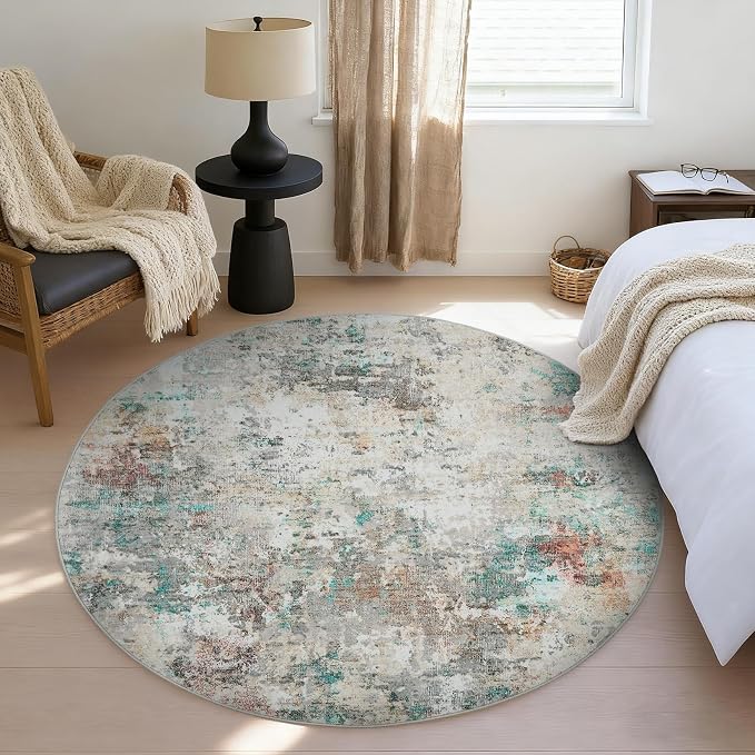 ROYHOME Modern Abstract 4x4 Round Area Rug Non Slip, Colorful | Non Shedding Rug Low Pile Stain Resistant for Bedroom Living Room office Dining Room