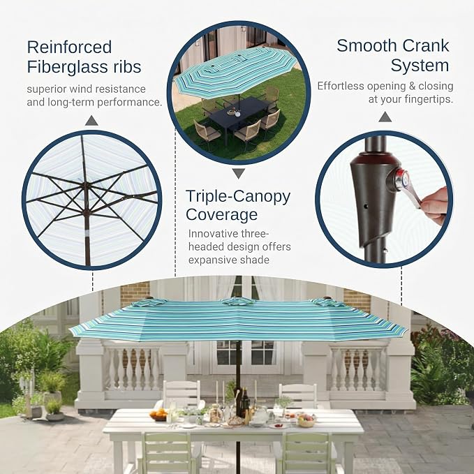 15FT Large Patio Umbrella with Base Included, Double Sided Outdoor Market Umbrella with Flexible Fiberglass Ribs, UV-Blocking Extra Large Umbrella for Garden, Pool, Deck, Green Stripes