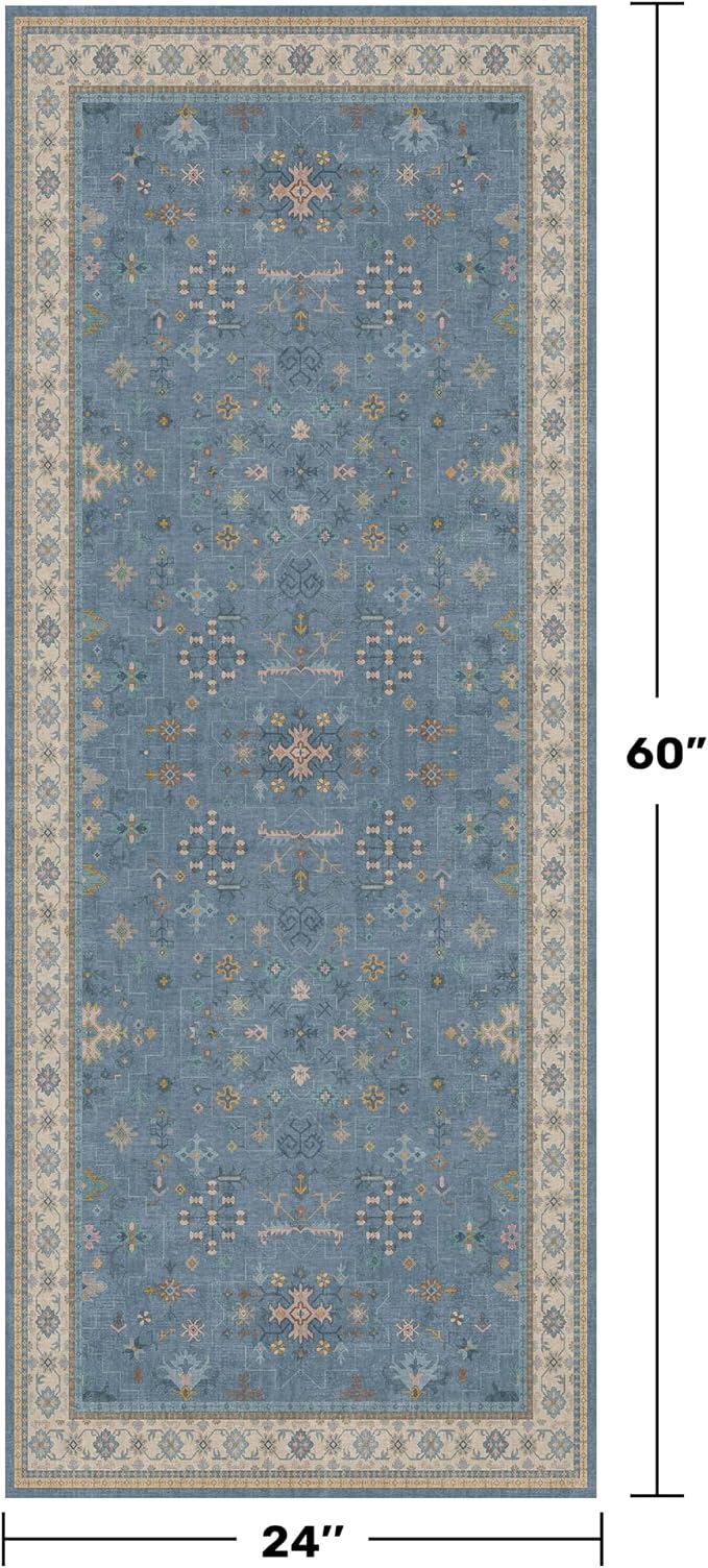 Boho 2x5 Kitchen Rugs Non Slip - Washable Blue Runner Rug for Bedroom Beside Bed, Laundry Room, Hallway, Non Slip with Rubber Backing, Floral Eclectic Unique Runner Décor