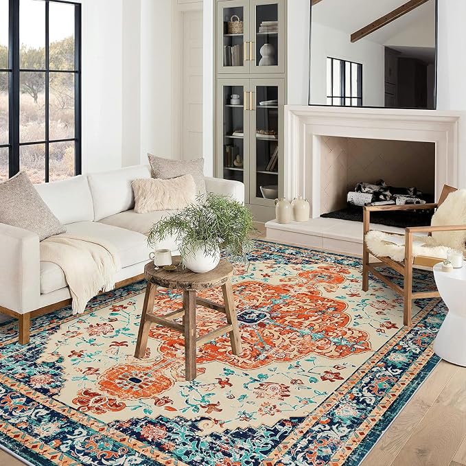 U'Artlines Boho Vintage Area Rug 8x10 Machine Washable Carpet,Orange/Multi | Low Pile, Non Slip, Ultra-Thin Soft Floor Carpet, Accent Rug for Living Room Bedroom Entryway Dining Room Office