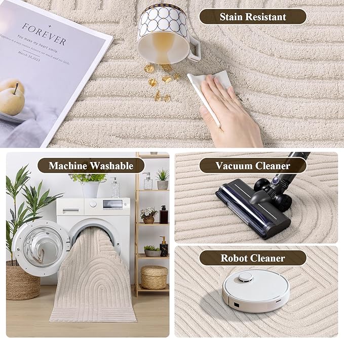 SHACOS Soft Cozy Fluffy Arch High Low Pile Runner Rugs 3x10 ft Non Slip Washable Scandinavian Minimalist Area Rug Runner Modern Carpet for Living Room Hallway Bedroom Bathroom Kitchen, Beige