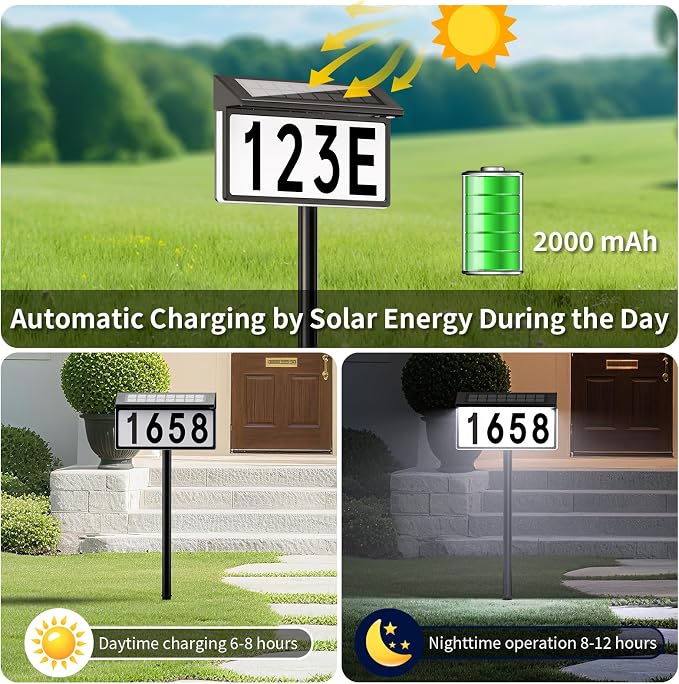 Solar Address Sign, Solar Lighted House Numbers for Outside, 3 Colors Waterproof Illuminated House Number Plaque With Stake, Wall Mounted or In Ground Solar Address Numbers for Yard Garden Street Home (Black, 1 Pack)