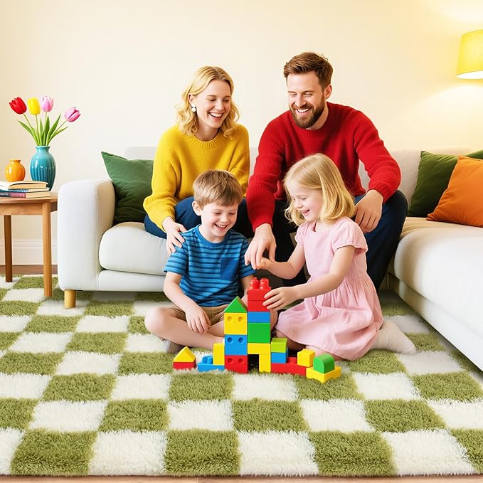 Checkered Rug for Living Room 6x9, Ultra Fluffy Fuzzy Shag Large Area Rug for Bedroom, Modern Plush Soft Upgrade Non-Slip Carpet for Kids Girls and Boys Room Dorm Home Decor, Cream and Green