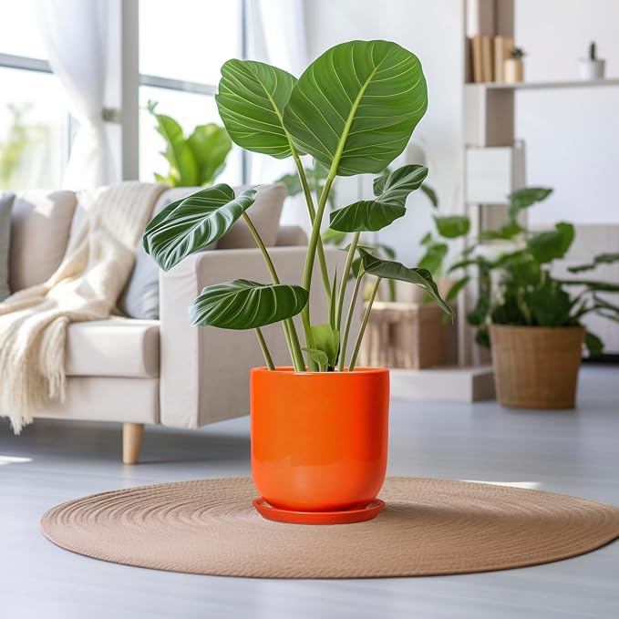 12 Inch Pots for Plants - Ceramic Planter with Drainage Hole and Saucer, Decorative Round Large Plant Pot for Indoor Outdoor Plants, Plant Lover Gifts, Home Office Garden Decor, Orange