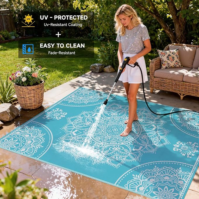 Pauwer Waterproof Outdoor Rug 8x10, Reversible Plastic Straw Patio Camping Rug, Indoor Outdoor RV Mat Carpet for Deck, Camper, Porch, Balcony, Backyard, Picnic, Floral Teal