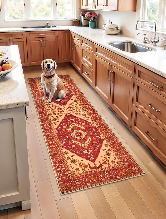 SERISSA 2x5 Washable Non Slip Boho Runner Rug for Hallway，Red | Ultra Soft Vintage Oriental Carpet Low-Pile Distressed Tribal Floor Carpet for Kitchen Bedroom Bathroom Laundry Living Room
