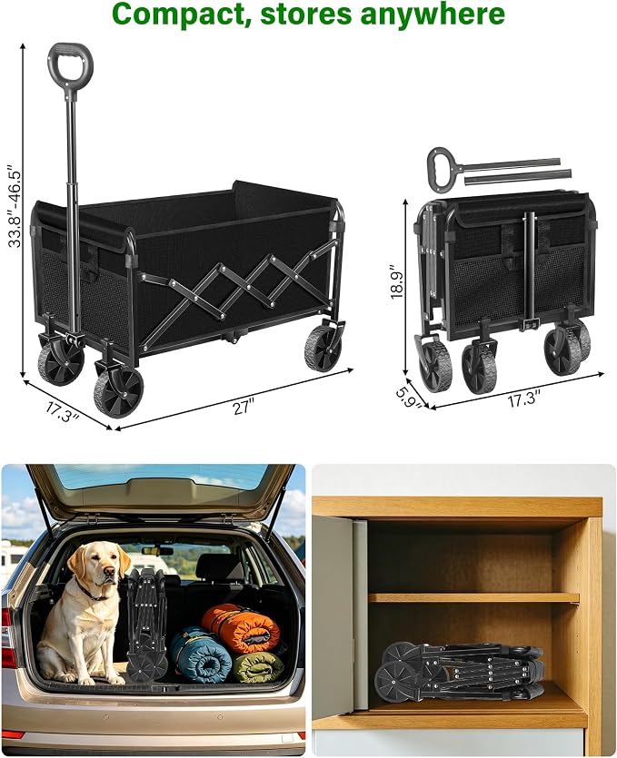 Collapsible Wagons Carts Foldable Wagon, Foldable Wagon Cart with Wheels, Folding Wagons for Beach Camp Sports Garden, 2 Cup Holders/Lightweight Portable/Black/280 LBS