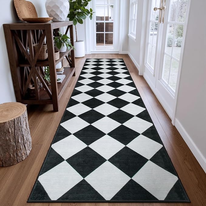 Beeiva Checkered Print Washable Rug Runners for Hallways Non Slip 2.5x10, Ultra Thin Black Kitchen Runner Stain Resistant Hallway Runner Rug 10 ft, Checkerboard Carpet for Bathroom Entryway Decor
