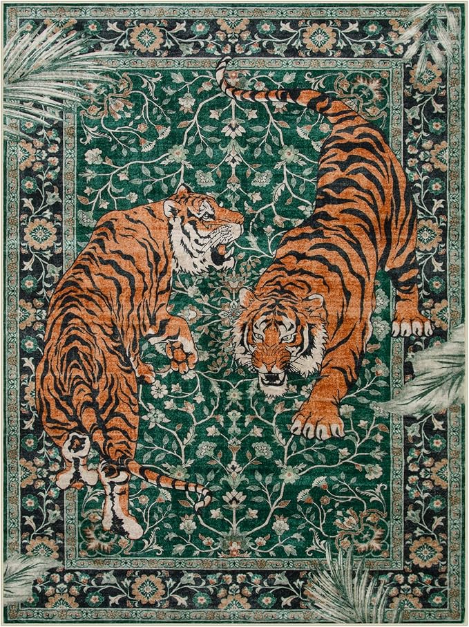 Moynesa Tiger 9x12 Washable Area Rug, Boho Green Rugs for Living Room, Non Slip Vintage Dining Room Rug, Botanical Ultra Thin Soft Stain Resistant Floor Carpet for Bedroom Home Office