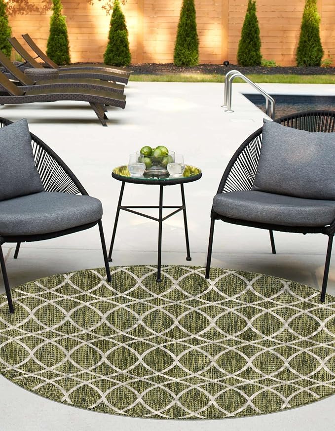 Unique Loom Outdoor Trellis Collection Area Rug - Gitter (10' Round, Green/ Ivory)