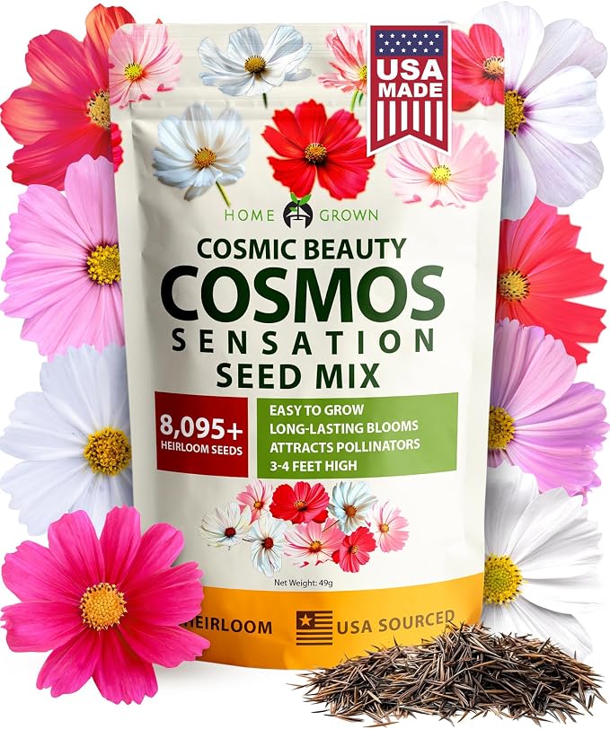 HOME GROWN Cosmos Flower Seeds Bulk Pack for 2026 (1.8 oz) 8,000+ Heirloom Annual Wildflower Seeds Pollinator-Friendly Mix for Pollinators & Outdoor Gardens