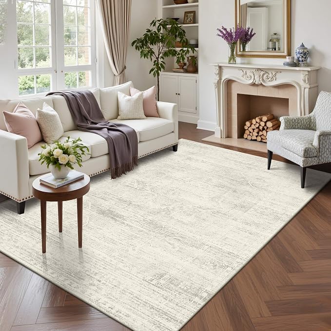 Latte&Fog Vintage 5x7 Washable Neutral Area Rugs, Ivory Rug for Living Room | Non Slip Low Pile Soft Floral Cute Carpet for Dining Kitchen Kids Playroom Nursery Guest Room Classroom Dorm Farmhouse Office