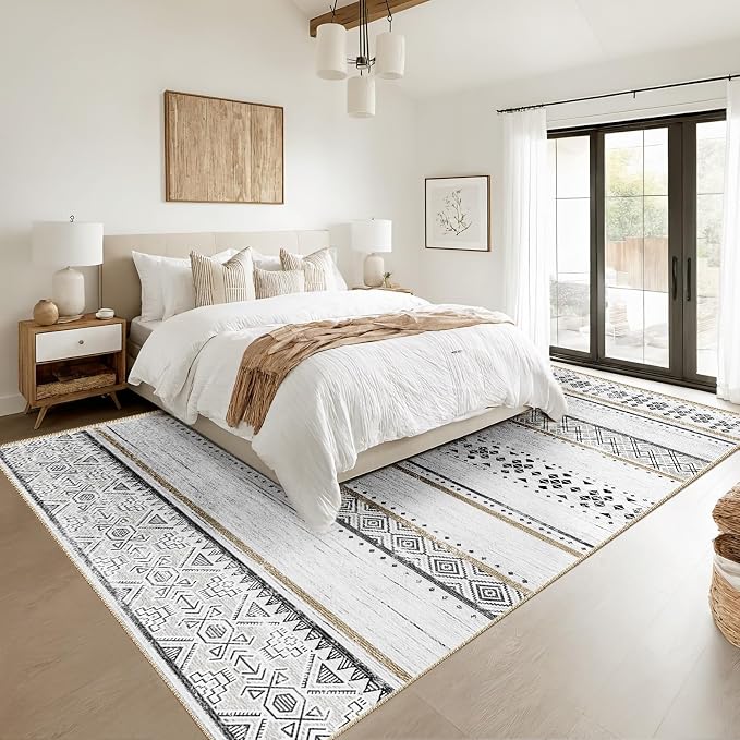 5x7 Washable Area Rugs for Living Room Boho Bedroom Rug Black/Brown | Vacuum Friendly, Machine Washable, Non-Slip Rug, Stain Resistant, Moroccan Geometric, Low Pile Carpet, Dining Room Kitchen