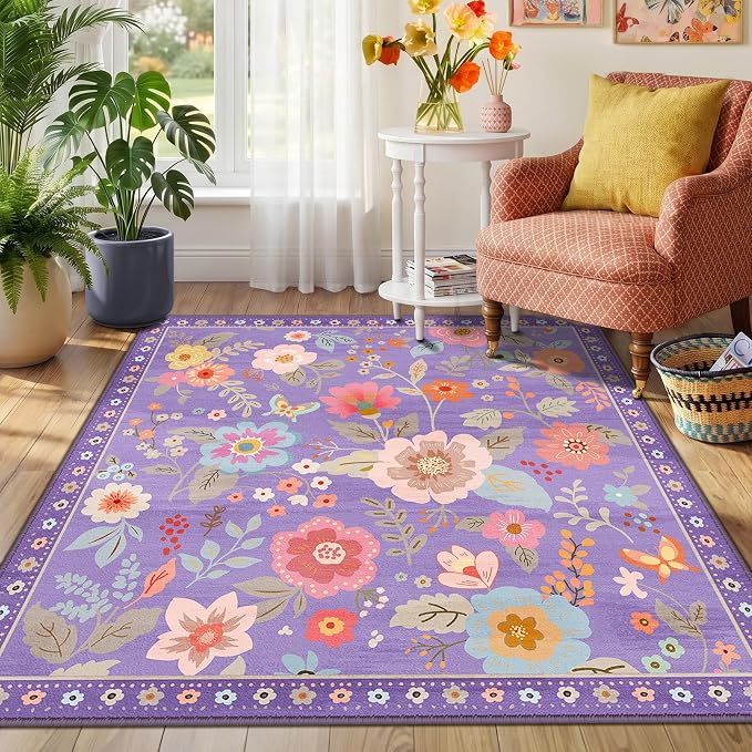 RELEANY Floral Washable Square 4ft Area Rug Purple/Pink | Flower Carpet, Print, Boho, Non-Slip, Easy to Clean, Soft, Low Pile for Living Room Bedroom Kitchen Office Entryway Hallway