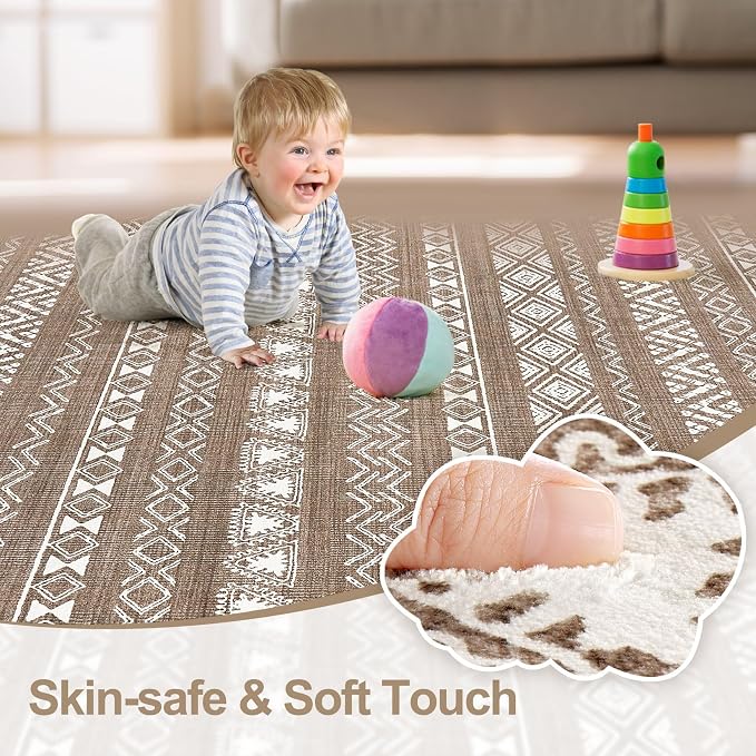 kakania Washable 6x9 Area Rug for Living Room: Boho Geometry Home Decor | Soft Stain Resistant, Low-Pile, Non-Slip, Pet & Kid Friendly, Thin Rug for Bedroom/Dining Room/Kids Dorm - Dark Brown