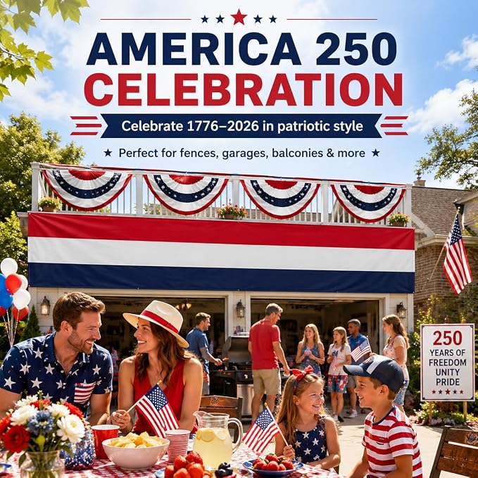 3x30Ft American Bunting Flag Patriotic Decor for Outside USA Celebration 250th Anniversary 4th of July Labor Day and Veterans Day Decorations American Red White Blue Stripe Bunting Banner