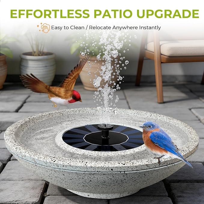 Solar Fountain Bird Bath of Outside Faux Rock Granite Look 12.5" Tabletop Water Bowl with 6 Nozzles Bird Bath Bubbler for Hummingbird Wild Birds Outdoors Garden Patio Lawn