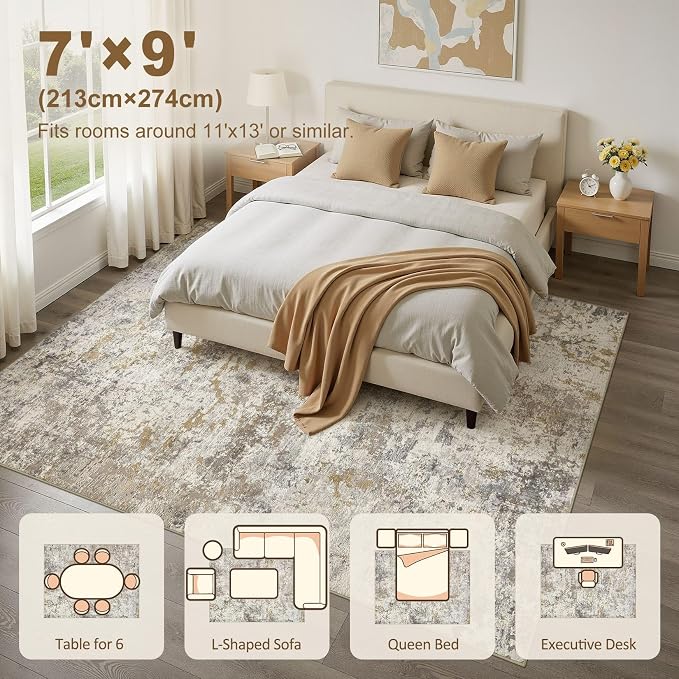 kakania Washable 7x9 Area Rug for Living Room: Abstract Modern Home Decor | Soft Stain Resistant, Low-Pile, Non-Slip, Pet & Kid Friendly, Thin Rug for Bedroom/Dining Room/Kids Dorm - Brown Gold