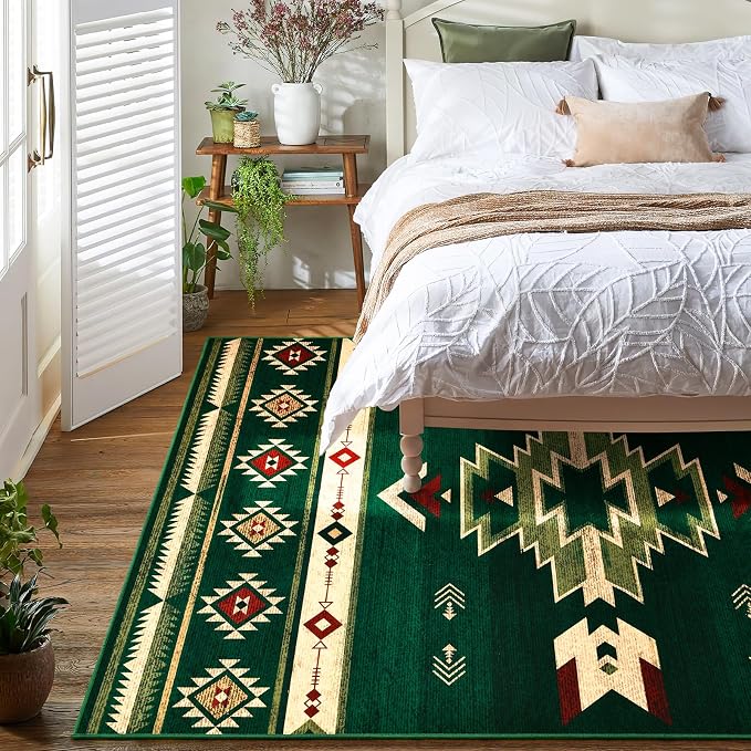 BENRON Western Rugs for Living Room Bedroom 5x7, Non Slip Area Rugs, Green | Southwest aztec Rustic Rugs for Dining Table Kitchen Home Decor, Washable