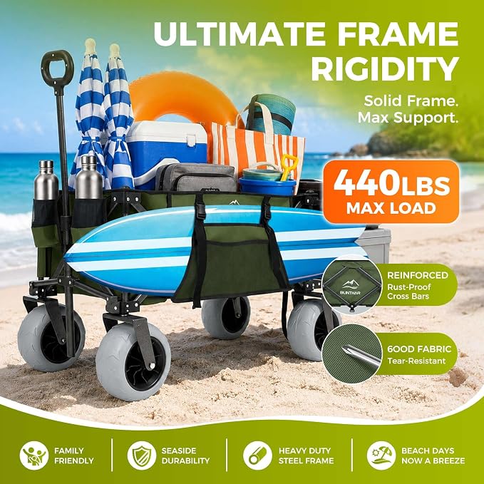 Heavy Duty Beach Wagon with 9" Big Sand-Proof Wheels, Extended Tailgate Design, 440lbs Folding Wagon Cart, 41" Utility Wagon with Side Bag, Adjustable Handle for Sand, Outdoor Green