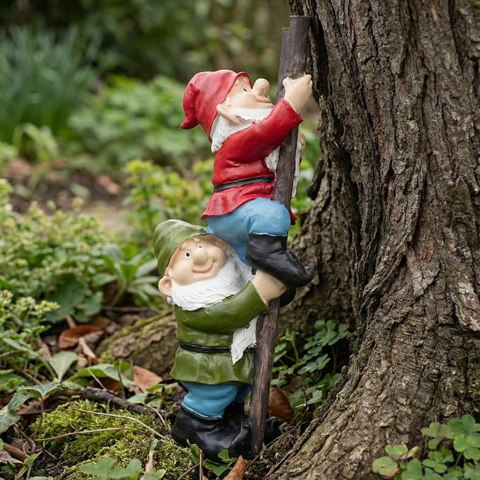 Elenon Funny Gnomes on Ladders Garden Statue, 14“ HIGH Gnomes Climbing Tree Figurine, Resin Outdoor Yard Lawn Decor, Cute Whimsical Patio Ornament for Garden, Porch, Backyard Decoration