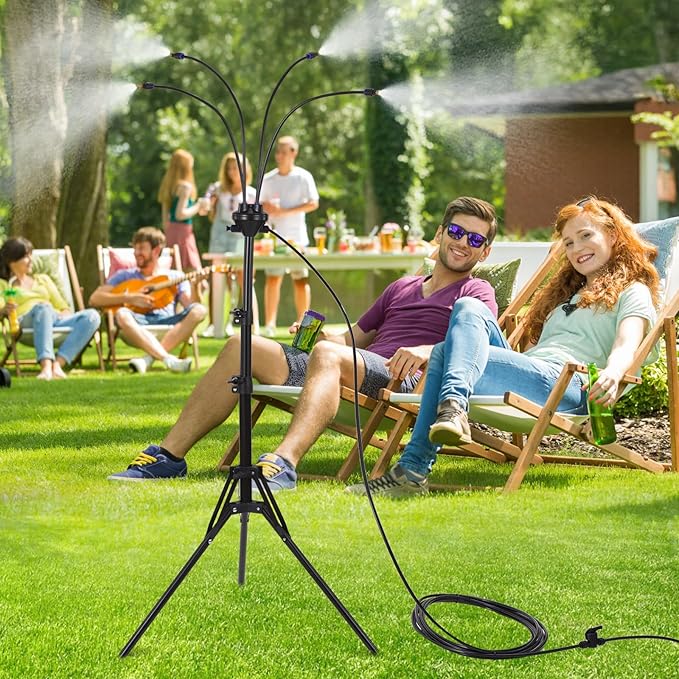5.25FT Standing Misters for Outside Patio, Adjustable Misting Cooling System with 26.5FT Water Supply Line, Portable Outdoor Mist Hose for Backyard, Garden, Pool, Tanning, BBQ, and Water Playing