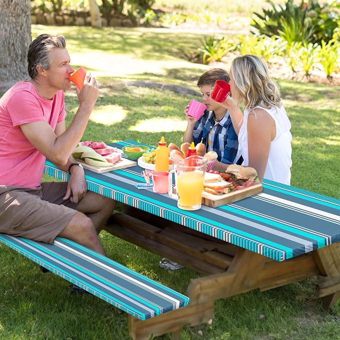 Picnic Table Cover with Bench Covers Elastic Edges, Blue Grey Tripes Camper Fitted Table Cover, Outdoor Patio Camping Essentials 72 Inch 3PCS, Waterproof Camping Fitted Tablecloth with Drawstring Bag