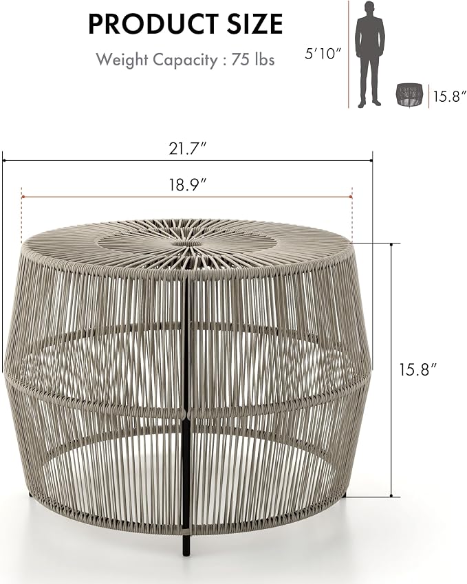 Furniture of America Ysar Boho Rattan Round Coffee Table Outdoor with Metal Frame, All-Weather and Rust Resistant, Handcrafted Coastal Furniture for Patio, Poolside, Garden, Yard, Gray