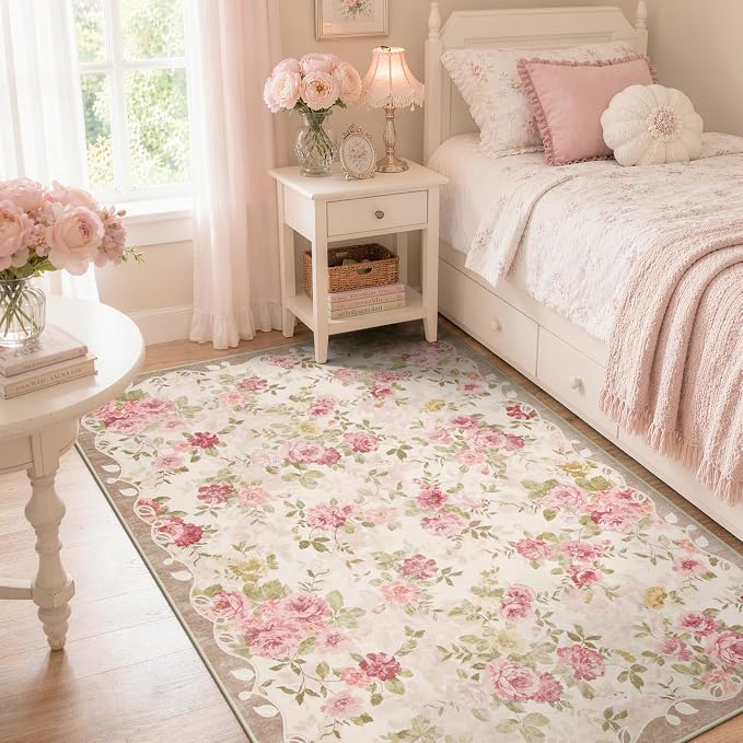 Lahome Pink Floral Nursery Rug 4x6, Low Pile Ultra-Thin Girls Bedroom Rug | Pet Friendly, Easy To Clean Non Slip Carpet For Baby Girl Nursery, Playroom And Cottage Decor