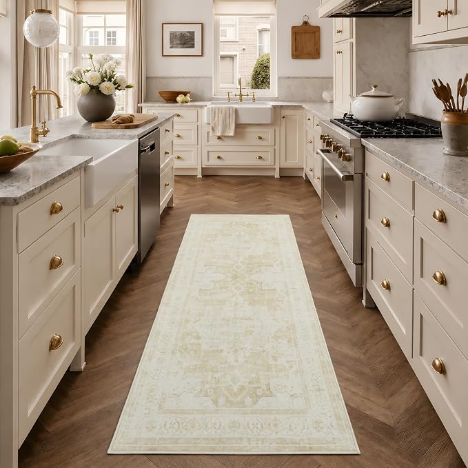 2x6 Hallway Washable Runner Rug : Vintage Soft Kitchen Runner | Vintage Farmhouse Boho Floral Neutral Washable Stain Resistant Indoor Rugs for Home Decor Beige