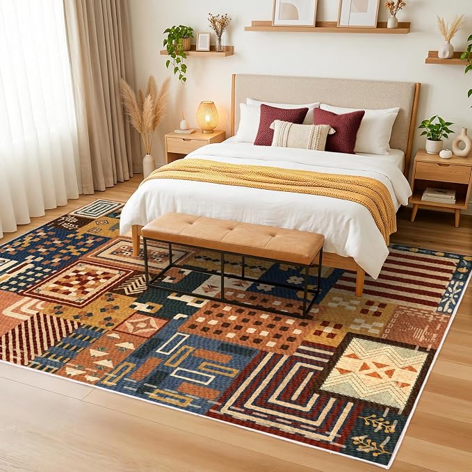 4x6 Area Rug for Bedroom, Washable Navy Blue Animal Patchwork Design | Soft Faux Wool Low-Pile Rug with Non-Slip TPR Backing for Bedroom, Entryway and Home Office; Lightweight Easy-Care Design
