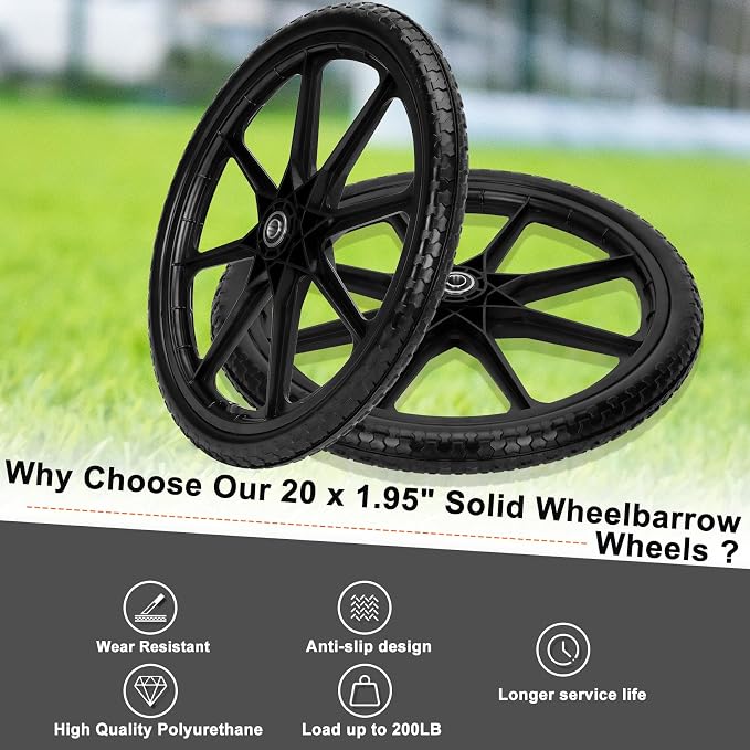 Upgraded 20" Flat Free Wheels Compatible with rubbermaid Wheelbarrow Tires, 20" Flat Free Tires with 5/8" and 3/4" Bearings Replacement for rubbermaid Cart Wheels/Big Wheel Utility Carts