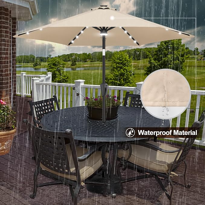 FLAME&SHADE 7.5 FT Solar Light Patio Umbrella, 24 LED Lights Outdoor Umbrella with Centre Surround Light, Table Umbrella Outdoor Patio for Deck, Pool, Backyard, Garden, UV Protection (Beige)