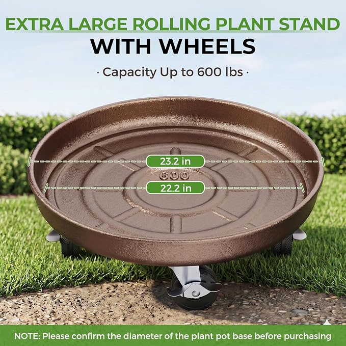 23 inch Plant Saucer Rolling Plant Caddy Rolling Plant Stand with Wheels Plant Tray with Wheels, Heavy Duty Metal, Locking, Sturdy, Rust-Resistant Finish, Easy to Move,Copper 600 lb Capacity