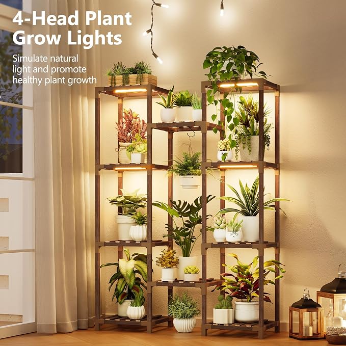 Uneedem Plant Stand with Grow Light - Large Plant Stand Indoor for Multiple Pots, 10 Tiered Plant Shelf Wood Plants Holder Rack for Living Room, Patio, Garden, Corner, Home Decor