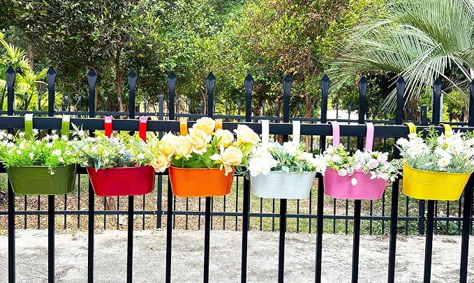 6 Pcs Railing Planter, 10" Metal Hanging Flower Pots for Outdoor Balcony Rails, Fence Pot Hanging Plant Holders with Detachable Hooks for Garden Patio Yard Decor (9.8", Pack of 6)