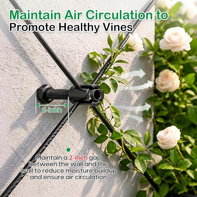 TooTaci Wire Trellis for Climbing Plants Outdoor, 12 Set Black Wall Wire Trellis Kit with 65ft 1/8 Vinyl Coated Cable, Modern Minimalist Support System for Wall, Fence, DIY Plant Training