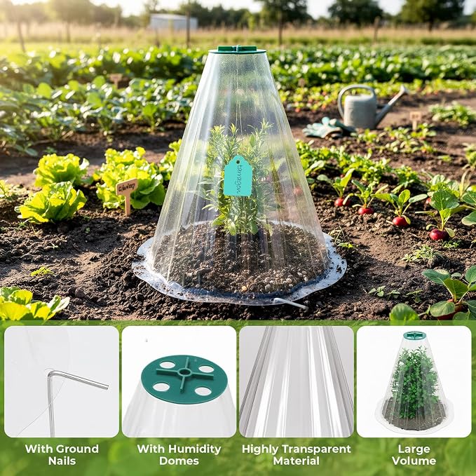 Cloches for Plants, Transparent Plant Covers, Garden Cloches with Humidity Domes, Securing Pegs and Plant Labels, Reusable Plant Protectors from Animals Plant Bell Cover (Transparent-50pcs-M)