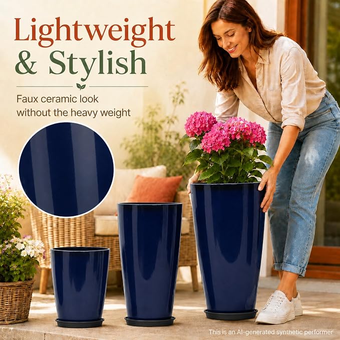 Neoaider Set of 3 Tall Planter, 24/21/12in Large Plastic Planter, Blue | Ceramic-Look, Lightweight, Built-in Drain Hole, Saucers, Tall Outdoor Planter for Porch, Garden, Patio, Balcony