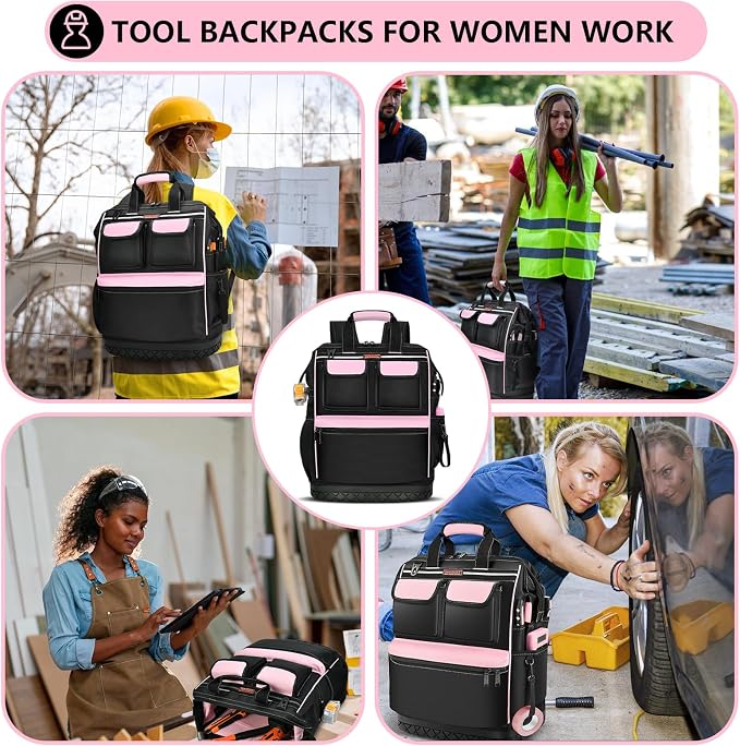 LOKASS Pink Tool Bag for Women, Wide-open Tool Backpack with Double-opening Metal Zipper, Waterproof Tool Storage Tote Bag for Female Workers-Large