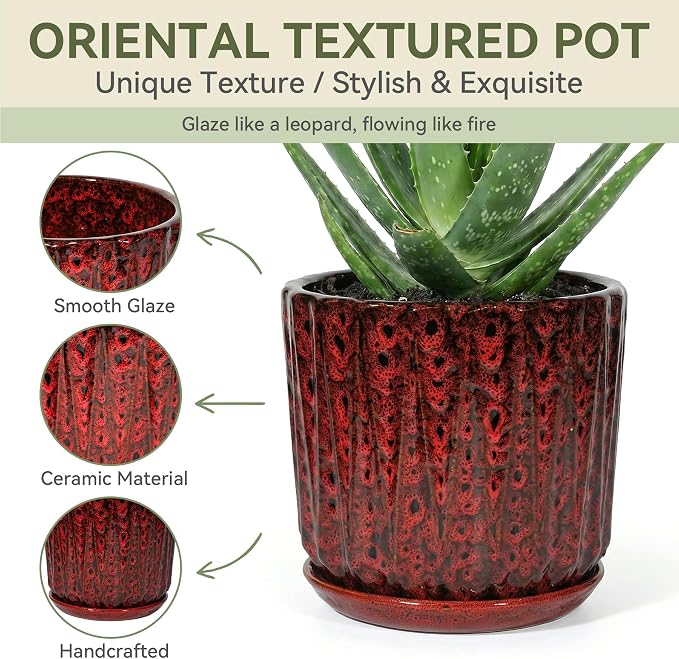 7.5 Inch Ceramic Planter Pot with Saucer Drainage Leak-Proof Mesh,Flower Pots for Indoor Plants with Gardening Gloves,Ceramic Planter(Spotted Red)