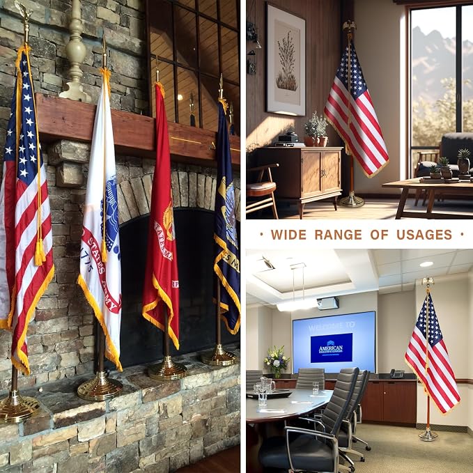 XIFAN Deluxe 7 FT Indoor American Flag and Pole Set - Solid Oak Pole, Metal Eagle Topper, Gold Fringed US Flag, Base Stand, Cord Tassel, for Lobby, Office, Auditorium, Conference Room - 7.6 FT Total