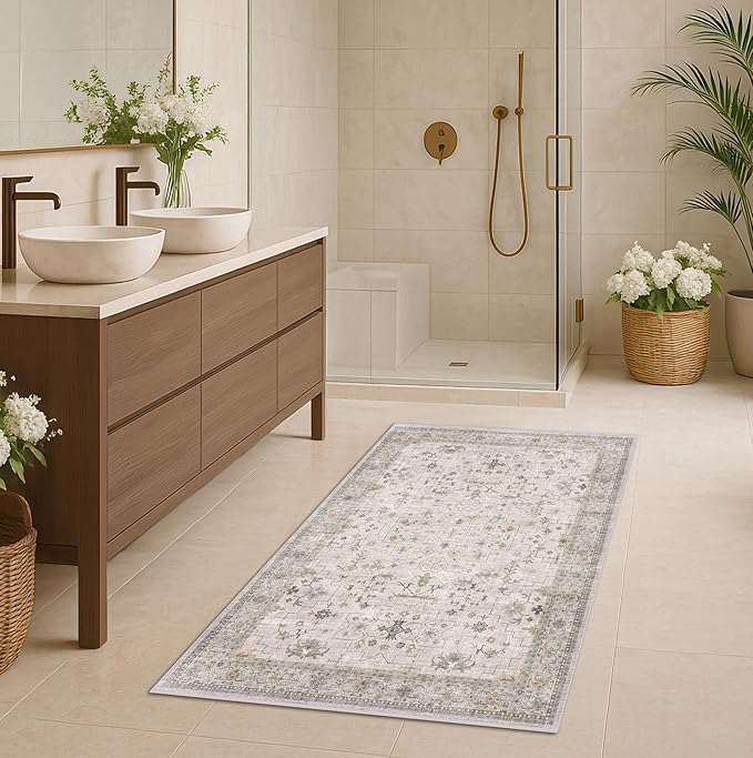 Boho 3x6 Large Bathroom Rug - Washable Floral Area Rug for Entryway, Bedroom Beside Bed, Modern Vintage Low Pile Kitchen Carpet, Neutral Light Gray & Sage Décor